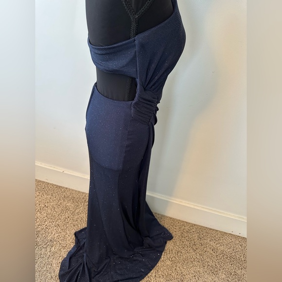 B. Smart 1 shoulder Sparkly Navy Formal Body Con Open Back Prom Maxi Dress Small - Picture 8 of 11